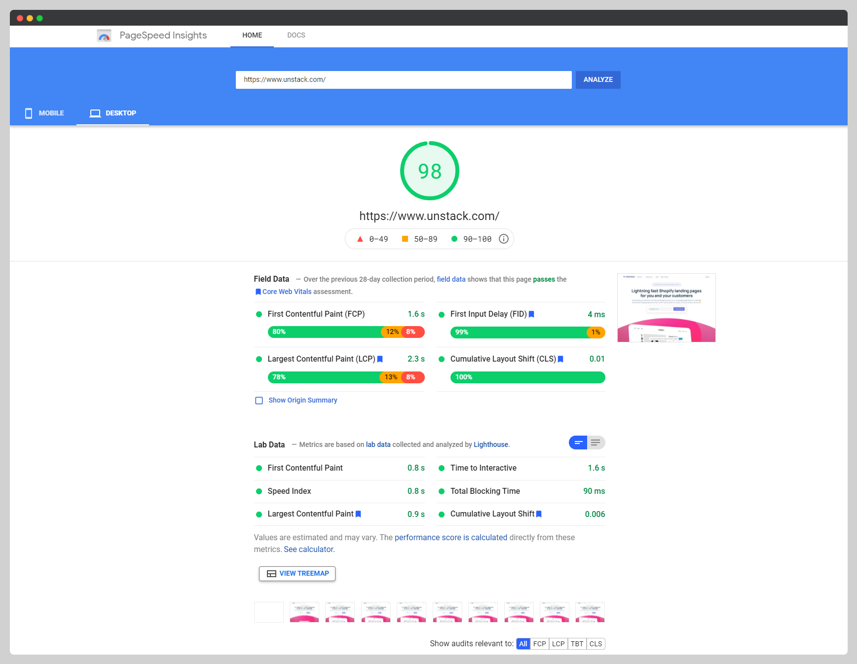 Example of a PageSpeed Insights report run on Studio.com